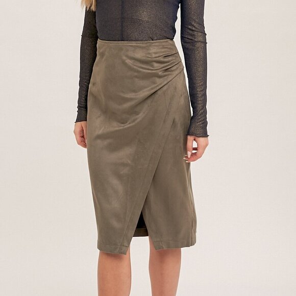 HEM & THREAD Olive Green Faux Suede Wrap Midi Skirt, Chic Draped Pencil Skirt - Picture 5 of 5
